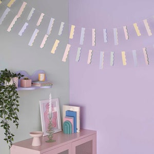 Banderines ondulados de colores pastel - Guirnalda de ondas de cartulina multicolor - Decoraciones colgantes para fiestas - Suministros para fiestas de cumpleaños - Rosa pastel, azul, morado, amarillo