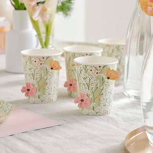 Gobelets en papier pour baby shower - Gobelets floraux pour baby shower - Baby shower botanique - Hello Baby - Gobelets floraux verts pour fête de naissance - Lot de 8