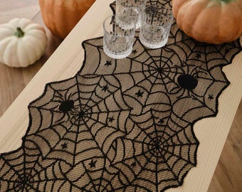 Spider Web Table Runner - Black Spiderweb Halloween Table Runner - Halloween Party Decorations -Reusable Fabric Runner-Halloween Table Decor