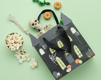 Sachets pour fête d'Halloween - Sachets à friandises noirs sur le thème de la maison hantée - Décorations de fête d'Halloween - Halloween rétro - Lot de 5