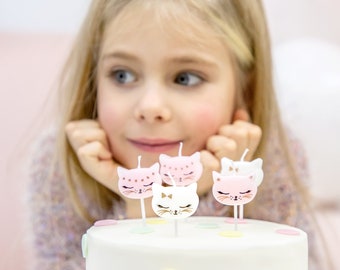 Cat Birthday Candles - Kitten Birthday Cake Candles - Kits Cat White & Pink Birthday Party Candles - Pack of 6