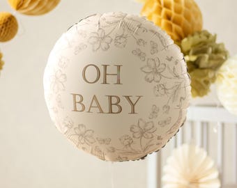 Oh Baby Balloon - Cream, Gold & Floral Round Foil Baby Shower Balloon - Air or Helium