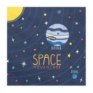May include: A blue and white space-themed paper napkin with a yellow sun, stars, and planets. The text "SPACE ADVENTURE" is printed in yellow and orange. The planets are labeled "Jupiter" and "Pluto".