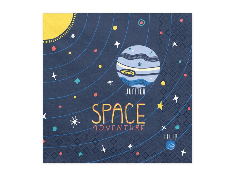 May include: A blue and white space-themed paper napkin with a yellow sun, stars, and planets. The text "SPACE ADVENTURE" is printed in yellow and orange. The planets are labeled "Jupiter" and "Pluto".