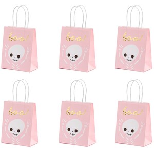 May include: Six pink paper gift bags with white handles. Each bag has a gold skeleton graphic and the word "boo!" printed on the front.