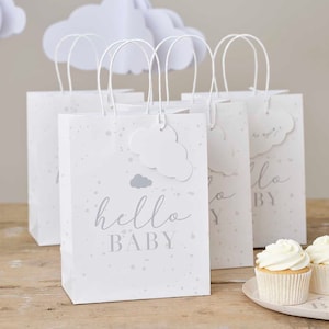Sacchetti regalo per baby shower - Sacchetti di carta per feste Hello Baby - Sacchetti per baby shower bianchi e grigi - Sacchetti di carta a forma di nuvola - Genere neutro - Etichette con nome - Confezione da 5