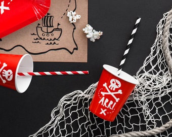 Pirate Party Cups - Red Paper Pirates Party Cups - Birthday Party Cups - Children's Party Cups - Pack of 6