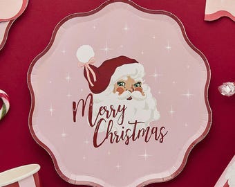 Pink & Red Santa Paper Plates - Merry Christmas Plates-Vintage Christmas Party Tableware-Christmas Decorations-Retro Holiday Decor-Pack Of 8