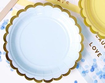 Pastel Blue and Gold Scallop Edge Small Party Paper Plates - Pack of 6