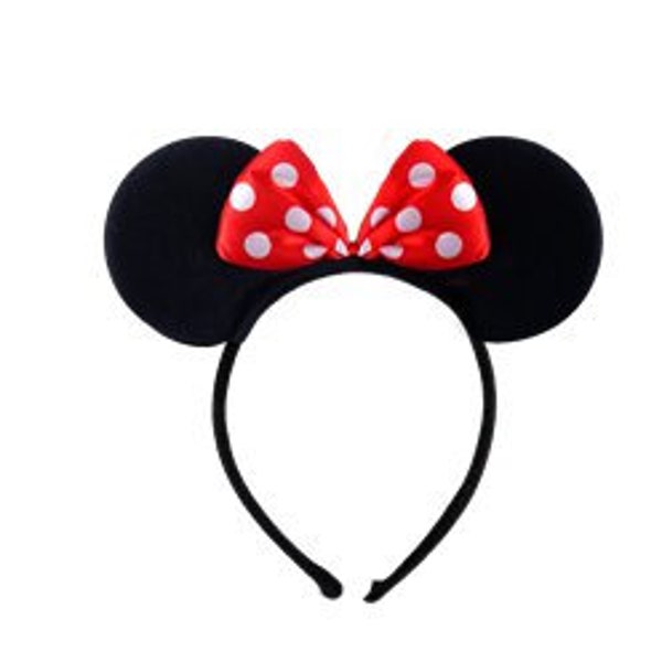 Diadema con orejas de Minnie Mouse - disfraz de Minnie Mouse - disfraz de fiesta para niños - orejas de ratón negras - lazo rojo y blanco