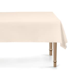 May include: A cream-coloured rectangular tablecloth draped over a wooden table. The table has four light-coloured wooden legs. The tablecloth hangs over the edge of the table on the right side.