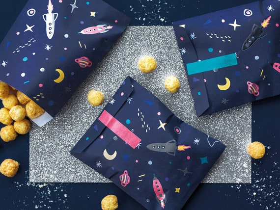 Space Party Treat Bags - Blue Space Scene Favour Bags - Party Loot Bags - Sweetie Bags - Space Birthday Party Decor - Pack of 6