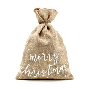 May include: A brown burlap sack with white polka dots and the words "merry christmas" printed on the front.