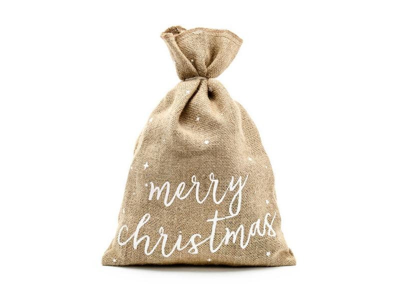 May include: A brown burlap sack with white polka dots and the words "merry christmas" printed on the front.