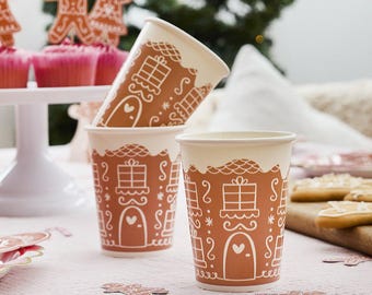 Vasos de casita de jengibre - Vasos de papel de jengibre para fiestas - Decoración navideña - Decoración navideña - Fiesta infantil - Paquete de 8