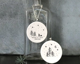 Porcelain Christmas Decoration - Small White Christmas Tree Decoration - Winter Wonderland White Flat Bauble - Trees - Holiday Decor