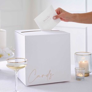 Porta-cartões de casamento branco e dourado - Caixa de cartões com letras douradas - Casamento branco e dourado - Artigos para casamento de luxo moderno - Caixa de cartões para festa