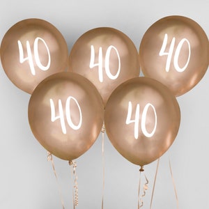 Gold 40th Birthday Balloons - Happy Birthday 40 Balloons - Chrome Gold & White Balloons - Party Decorations - Pack of 5