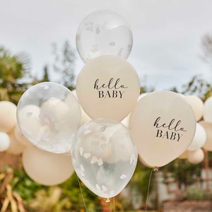 Hello Baby Confetti Balloons - Hello Baby Baby Shower Balloons - White Cloud Confetti Balloons - Taupe Baby Shower Decorations - Pack of 5