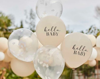 Ballons confettis Hello Baby - Ballons pour baby shower Hello Baby - Ballons confettis nuage blancs - Décorations pour baby shower taupe - Lot de 5