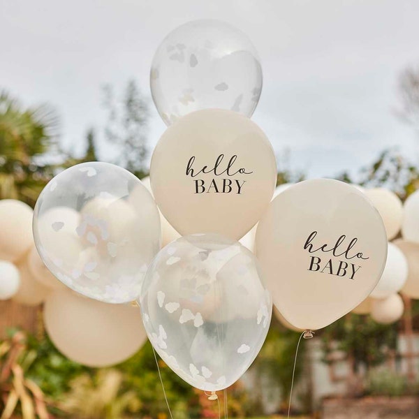 Hello Baby Konfetti Luftballons - Hallo Baby Babyparty Luftballons - Weiße Wolke Konfetti Luftballons - Taupe Baby-Dusche-Dekorationen - 5er-Pack