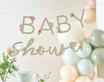 Floral Baby Shower Bunting - Green Baby Shower Garland With Flowers - New Baby Party - Neutral Decor - Baby Shower Decorations