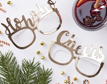 Gold Christmas Photo Prop Fun Glasses - Ho Ho Ho & Cheers Party Selfie Glasses