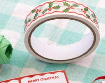Christmas Tape - White Paper Tape With Holly Leaves Design - Christmas Crafts - Christmas Wrapping - Eco Tape -Sustainable Wrapping-20m Roll