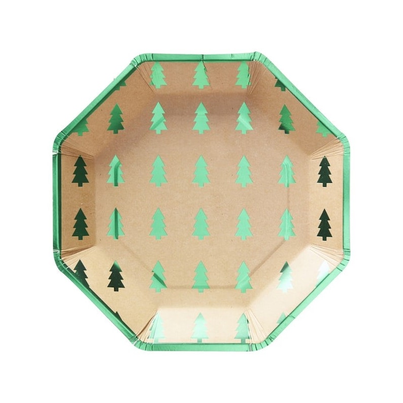 Green and kraft Christmas tree paper plates Green foiled Christmas tree plates Christmas party tableware-Christmas decorations-Pack of 8