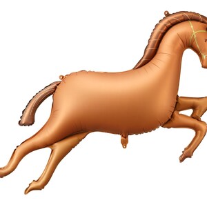以下が含まれることがあります： 走っているポーズの茶色の馬の形をした風船。風船には、詳細なたてがみ、尾、手綱があります。風船は光沢のある素材でできており、浮くように設計されています。馬をテーマにしたパーティーやイベントに最適です。