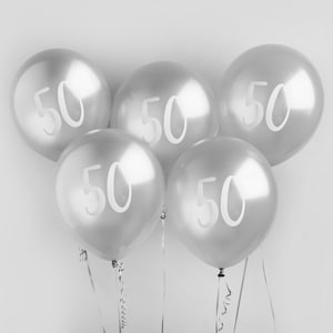 Silver 50th Birthday Balloons - Happy Birthday 50 Balloons - Silver & White Balloons - Party Decorations - Pack of 5