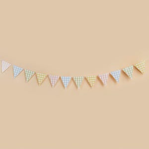 Può includere: Una ghirlanda di piccole bandierine triangolari dai colori pastello, tra cui rosa, blu, giallo e verde, con un motivo a quadretti vichy. Le bandierine sono infilate su un sottile filo bianco, creando uno striscione decorativo su uno sfondo neutro.