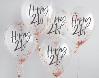 Happy 21st Rose Gold Confetti Balloons - 21st Birthday Balloons - Rose Gold 21st Birthday Decorations - Party Decorations - Pack of 5