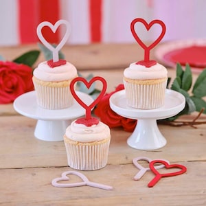 Valentines Wooden Cupcake Toppers - Red And Pink Heart Cupcake Toppers - Valentine&#39;s Day Party Decor - Valentines Cake Topper - Pack Of 6