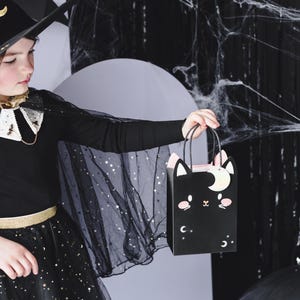 May include: A young girl dressed as a witch for Halloween holds a black and pink cat-shaped treat bag. She is wearing a black witch's hat with a gold star and crescent moon, a black cape with gold stars, and a black dress with gold stars. The background is a black and white spiderweb.