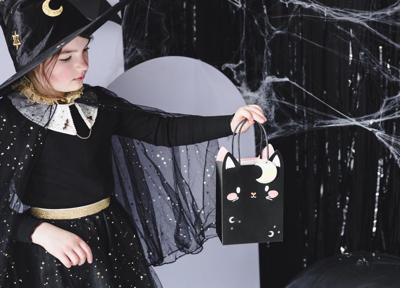 May include: A young girl dressed as a witch for Halloween holds a black and pink cat-shaped treat bag. She is wearing a black witch's hat with a gold star and crescent moon, a black cape with gold stars, and a black dress with gold stars. The background is a black and white spiderweb.