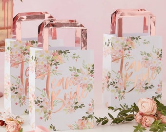 Team Bride Party Bags - Hen Party Floral and Rose Gold Paper Party Bags - Pack of 5