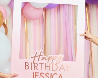 Personalised Rose Gold Pink Birthday Photo Frame - DIY Selfie Frame - Happy Birthday Photo Booth Prop - Party Decoration - Party Backdrop