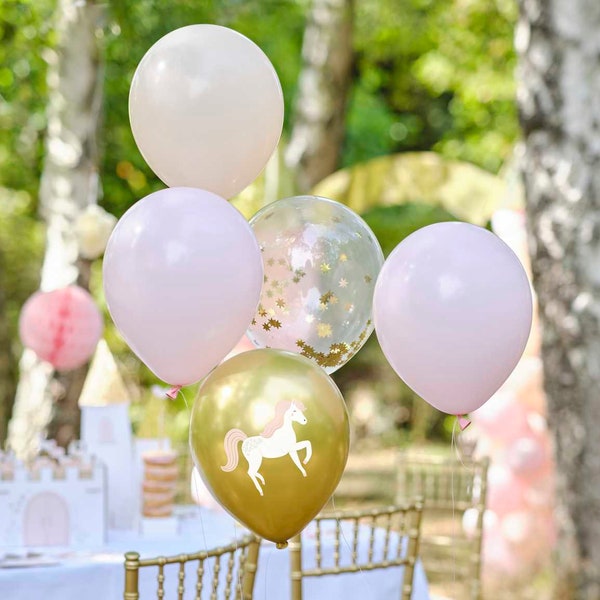 Paquete de globos de unicornio princesa - Decoraciones de fiesta de cumpleaños de princesa - Globos temáticos de fiesta de princesa - Globos de caballo blanco - Paquete de 5