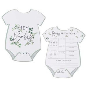 May include: Two white baby bodysuit-shaped cards. One says "Hey Baby" with green leaf accents. The other says "Baby Predictions" with spaces for details like birth month, weight, and advice for parents. The bottom says "with love".