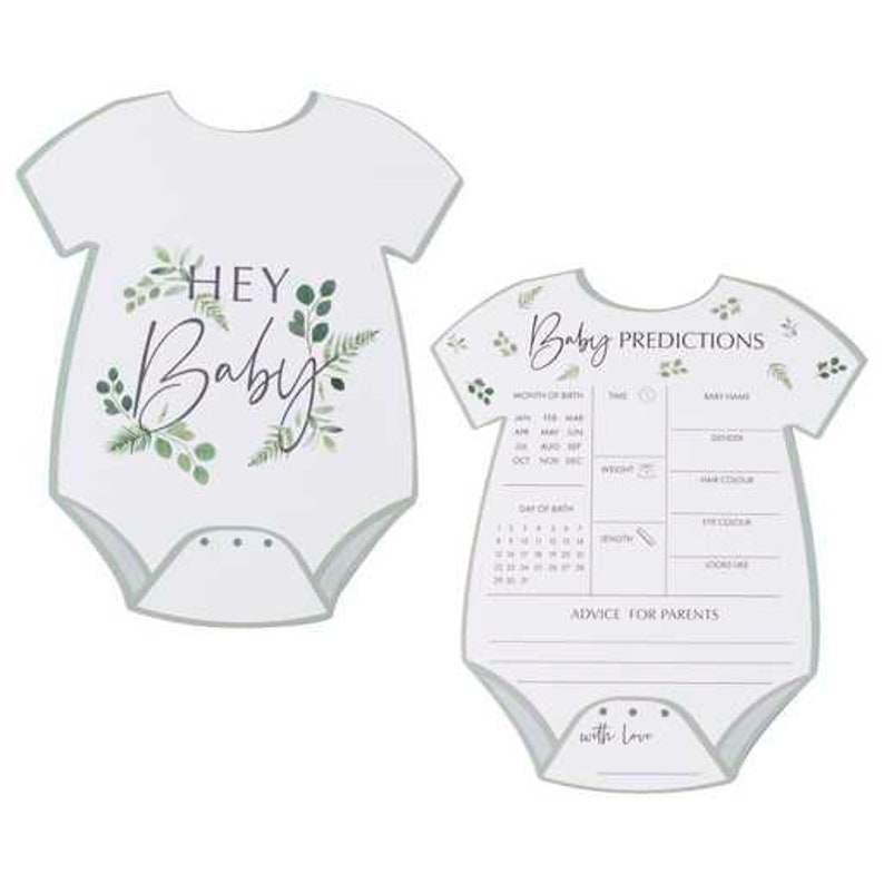 May include: Two white baby bodysuit-shaped cards. One says "Hey Baby" with green leaf accents. The other says "Baby Predictions" with spaces for details like birth month, weight, and advice for parents. The bottom says "with love".