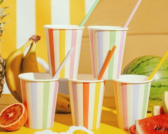 Gestreifte Pappbecher - Bunter Sommer-Party Dekor - 400ml Regenbogen Trinkbecher - Garten Grill Zubehör - Tropische Geburtstagsdekoration - 6 Stück