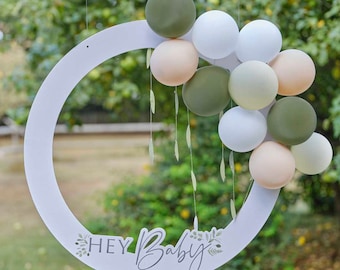 Baby Shower Photo Frame - Hey Baby Selfie Frame - Baby Shower Photo Booth Prop With Balloons - Neutral Baby Shower - Sage Green And White