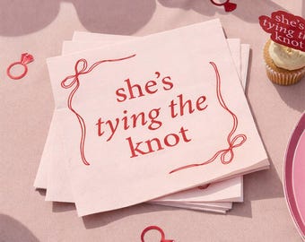 Hen Party Napkins - She’s Tying The Knot Bow Theme - Pink & Red Coquette Paper Napkins For Hen Do - Bridal Shower Tableware - Pack of 16