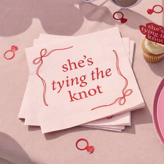 Hen Party Napkins - She’s Tying The Knot Bow Theme - Pink & Red Coquette Paper Napkins For Hen Do - Bridal Shower Tableware - Pack of 16