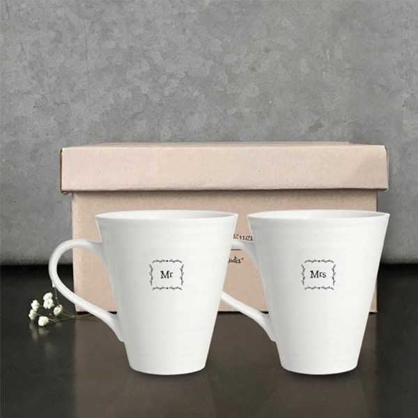 Mr And Mrs Mug Set - White Porcelain Wedding Gift Present - Mr & Mrs Gift - Couples Mug Set - East Of India