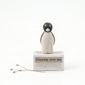 Small Wooden Penguin - Flipping Love You - Valentine's Day Gift - Christmas Present - Handmade Wood Ornament - East Of India