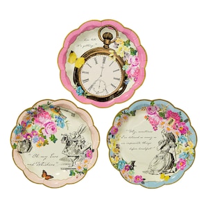 May include: Three paper plates featuring a whimsical Alice in Wonderland theme. The plates depict a pocket watch, the Mad Hatter and the White Rabbit, and Alice herself. The plates are decorated with floral designs and quotes from the book.