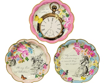 Alice in Wonderland Dainty Plates - Mad Hatter Party Paper Plates - Wonderland Wedding Decorations - White Rabbit - 3 Designs - Pack of 12