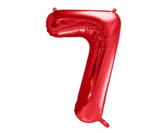 May include: A shiny, metallic red foil balloon shaped like the number seven. The balloon features a smooth, reflective surface with visible seams along the edges and small tabs at the top and bottom for hanging or attaching to a display string.
